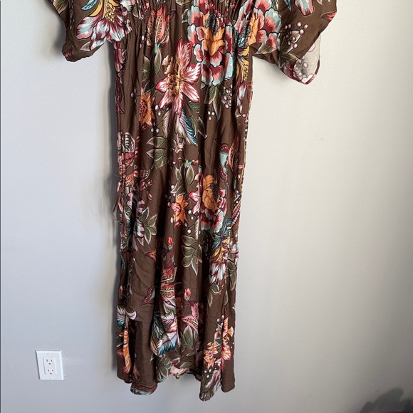 FARM Rio Anthropologie Valentina Brown Floral V Neck Midi Maxi Dress Small - Picture 4 of 12